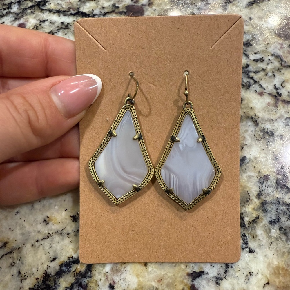 Kendra Scott Alex Drop Earrings White/Gray Banded Agate Antique Brass